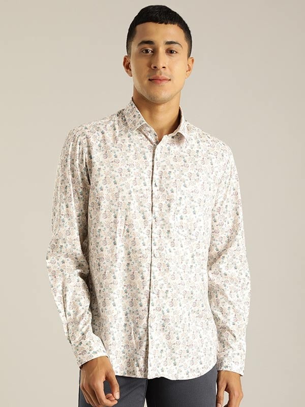 Indian Terrain Men Floral Print White Shirt